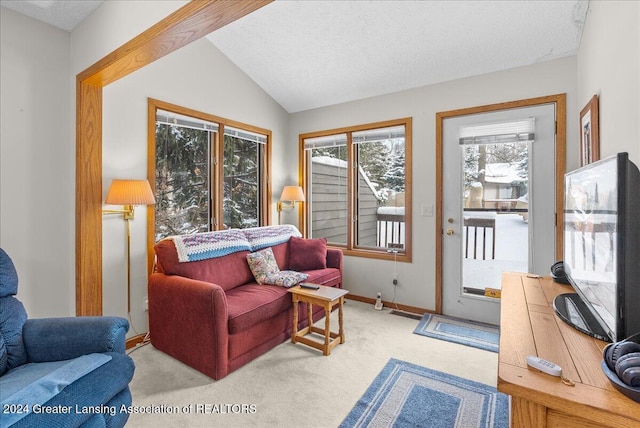 sitting room with lofted ceiling, a textured ceiling, and light carpet