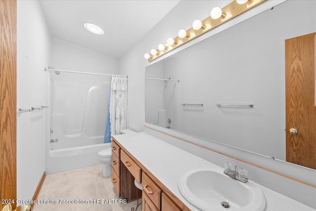 full bathroom featuring shower / bath combo, tile patterned floors, vanity, and toilet