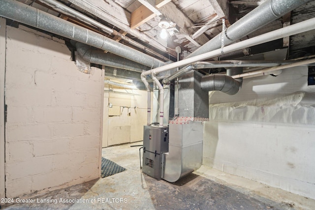 basement featuring heating unit