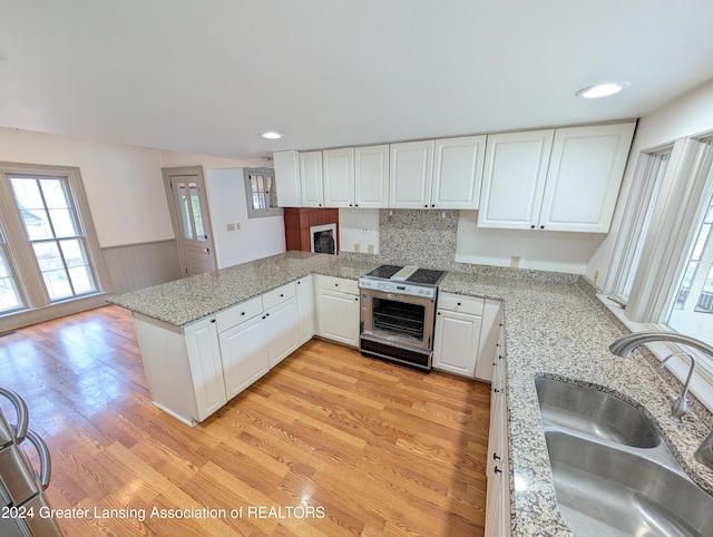 kitchen featuring white cabinetry, light hardwood / wood-style floors, electric stove, sink, and kitchen peninsula