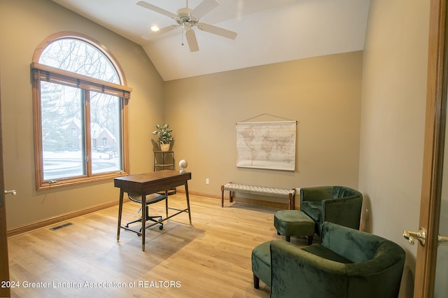 office area with lofted ceiling, ceiling fan, and light hardwood / wood-style floors