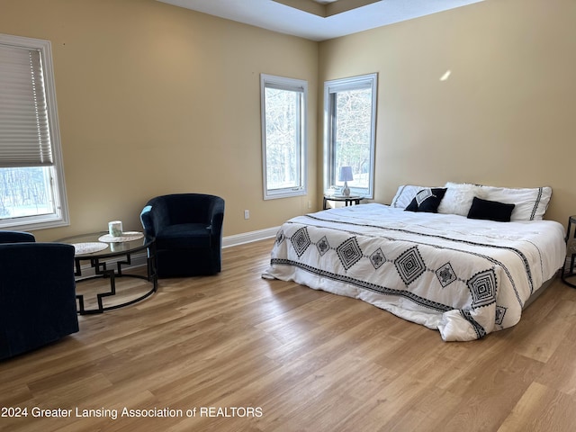 bedroom with light hardwood / wood-style floors and multiple windows