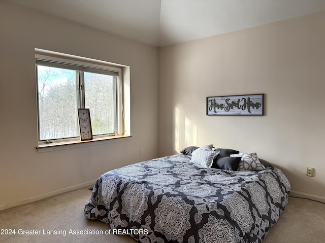 bedroom featuring lofted ceiling and light colored carpet