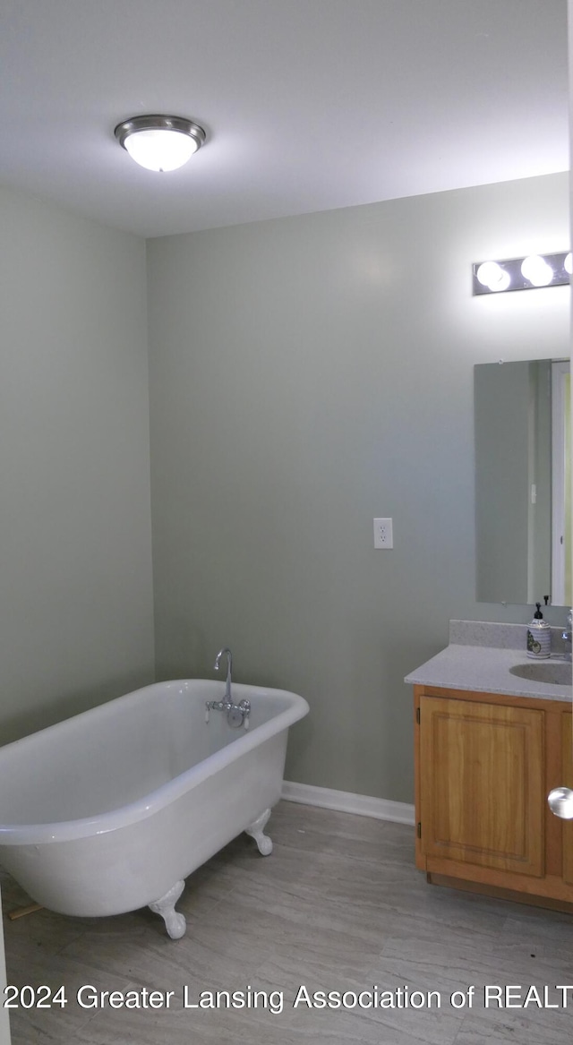 bathroom with hardwood / wood-style floors, vanity, and a bathtub