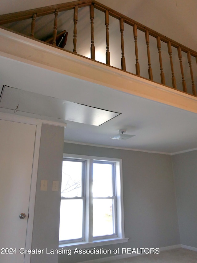 stairs featuring ornamental molding