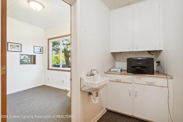 interior space featuring dark carpet, white cabinetry, and sink