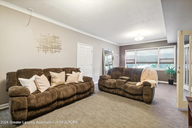 carpeted living room featuring ornamental molding