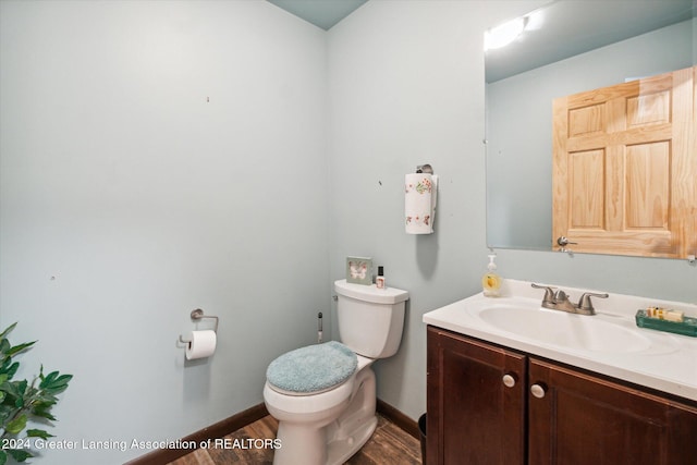 bathroom featuring vanity, toilet, and wood-type flooring