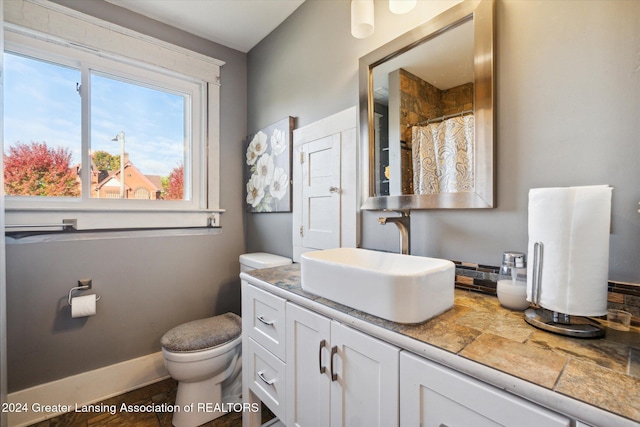 bathroom with vanity, toilet, and walk in shower