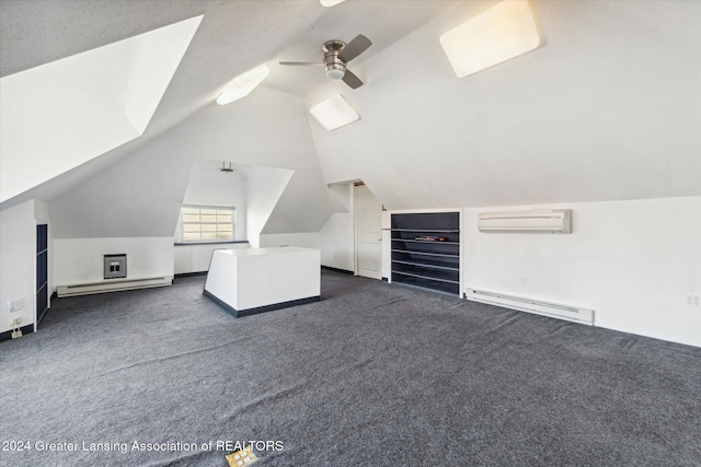 bonus room featuring dark colored carpet, baseboard heating, and ceiling fan