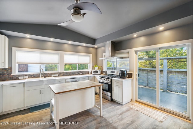 kitchen with white cabinets, stainless steel appliances, extractor fan, and a kitchen island