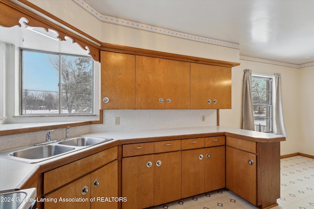 kitchen featuring kitchen peninsula, decorative backsplash, and sink