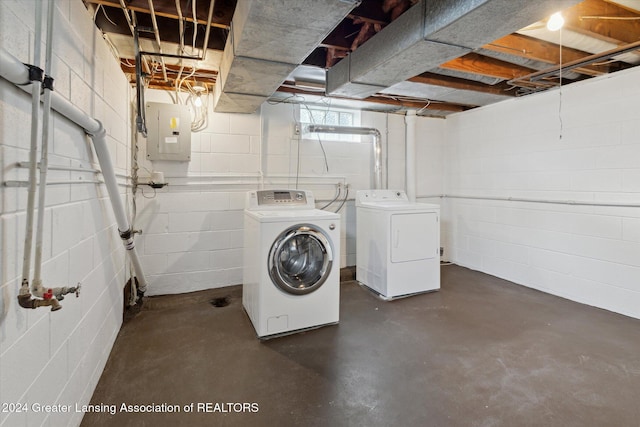 washroom with electric panel and washer and clothes dryer