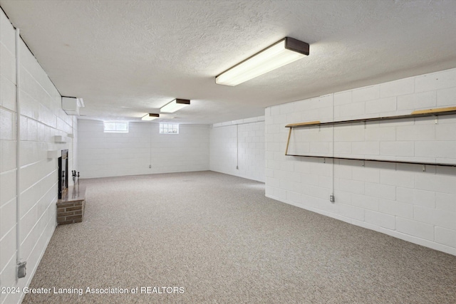 basement with light colored carpet and a textured ceiling