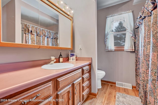 bathroom with hardwood / wood-style flooring, vanity, and toilet