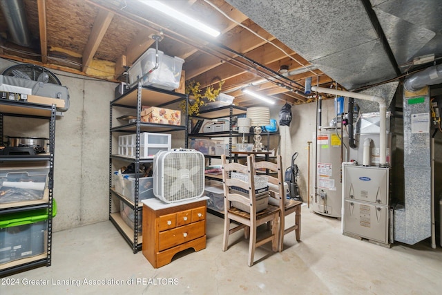 basement with heating unit and gas water heater