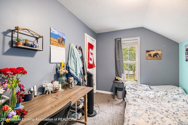 bedroom featuring carpet floors, a textured ceiling, and vaulted ceiling