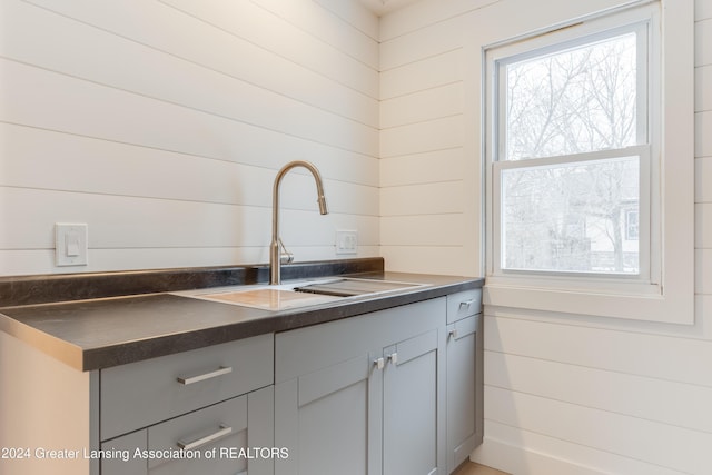 kitchen featuring gray cabinets, wooden walls, and sink