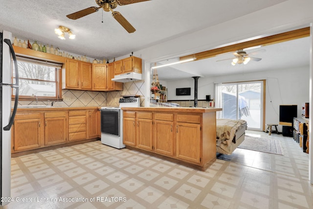 kitchen with a healthy amount of sunlight, backsplash, electric stove, and kitchen peninsula