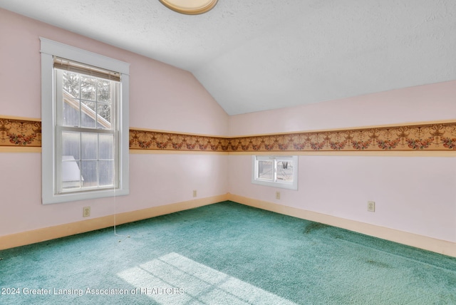 additional living space featuring a textured ceiling, vaulted ceiling, and carpet flooring