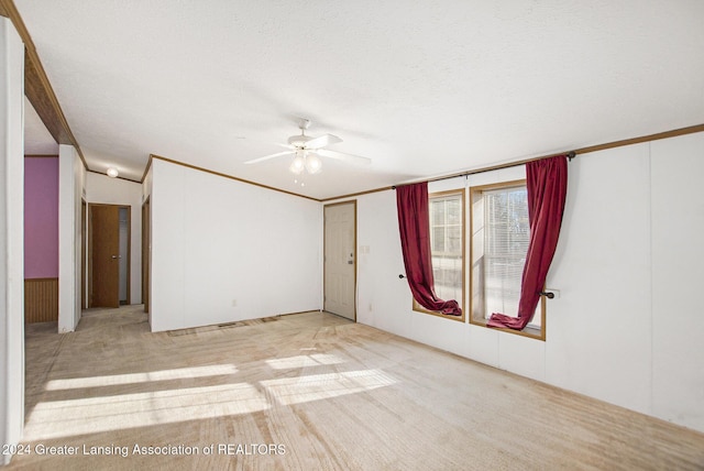 spare room featuring ceiling fan, light carpet, and a textured ceiling