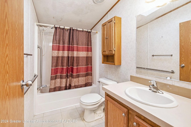 full bathroom with tile patterned flooring, vanity, toilet, a textured ceiling, and shower / bath combo with shower curtain