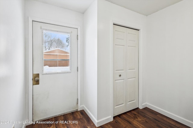 doorway with dark wood-type flooring