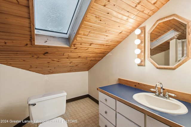 bathroom featuring wooden ceiling, toilet, lofted ceiling with skylight, and vanity