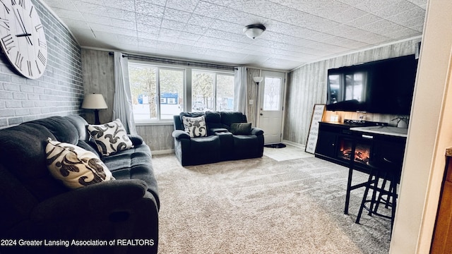 carpeted living room featuring wood walls