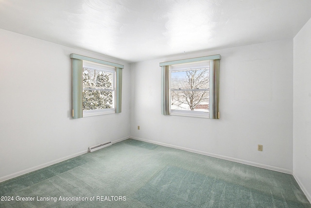 empty room with a healthy amount of sunlight, baseboard heating, and carpet flooring