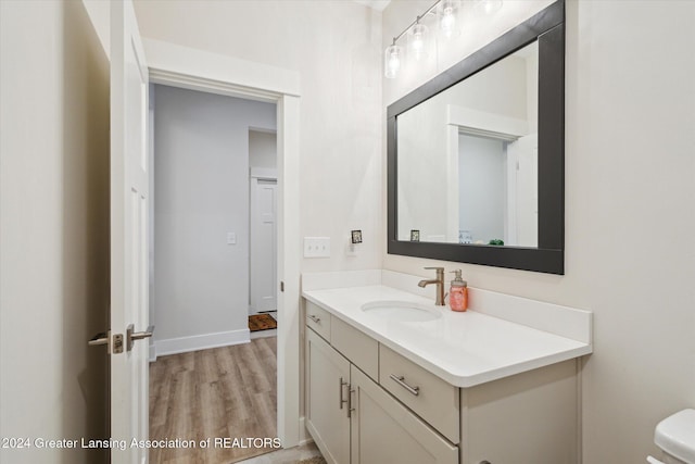 bathroom with vanity and hardwood / wood-style flooring