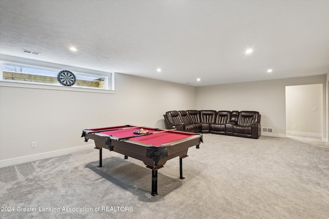 playroom with light colored carpet and pool table