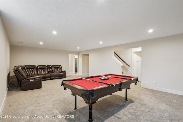 playroom featuring light colored carpet and pool table