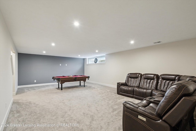 recreation room featuring light colored carpet and billiards