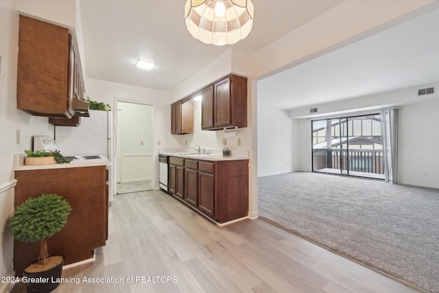 kitchen featuring dishwasher, light hardwood / wood-style flooring, dark brown cabinetry, and sink