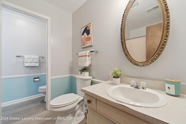 bathroom featuring toilet, vanity, and hardwood / wood-style floors