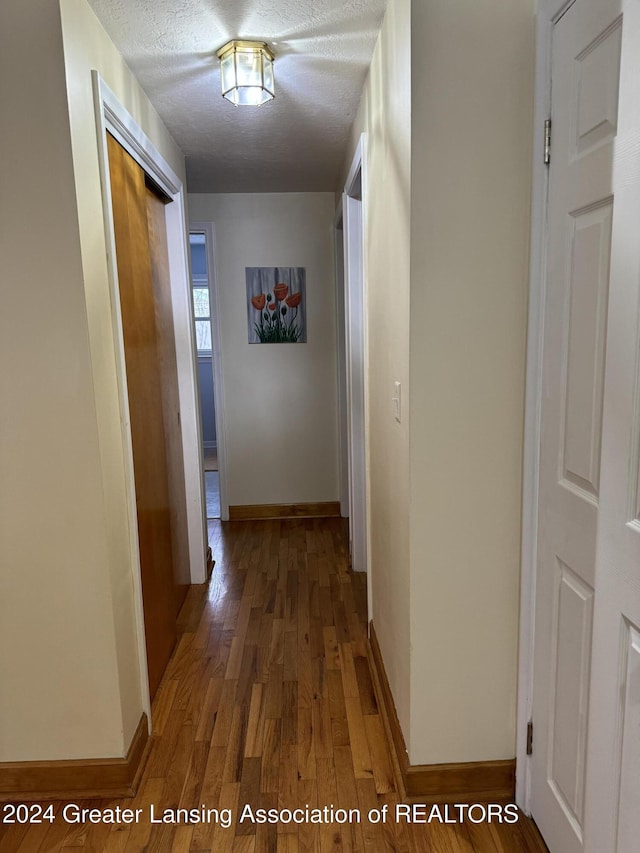 corridor featuring baseboards, wood-type flooring, and a textured ceiling