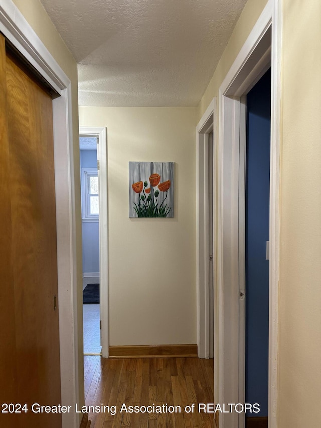 hallway featuring a textured ceiling and hardwood / wood-style flooring