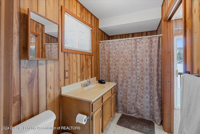 bathroom featuring toilet, wooden walls, and vanity