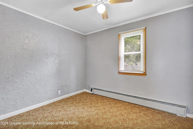 carpeted spare room featuring ceiling fan, a baseboard radiator, and crown molding