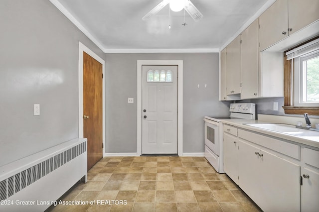 kitchen featuring radiator, white cabinetry, ornamental molding, white electric range, and sink