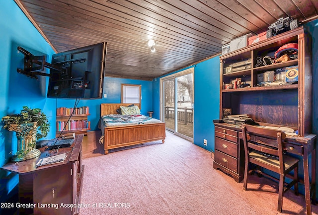 carpeted bedroom featuring wooden ceiling