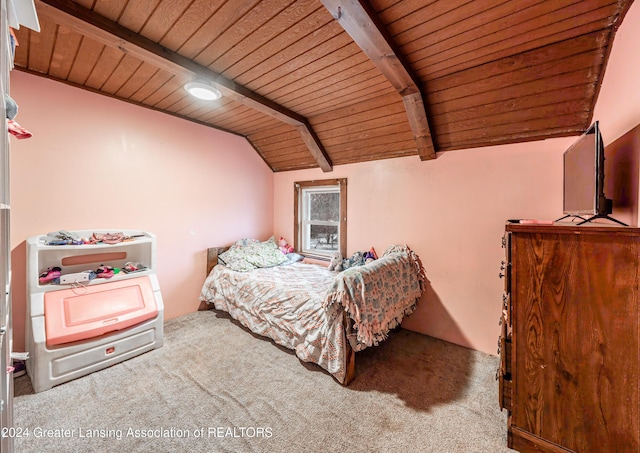 bedroom with carpet, wood ceiling, and vaulted ceiling with beams