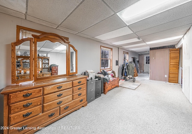 interior space featuring a paneled ceiling and carpet