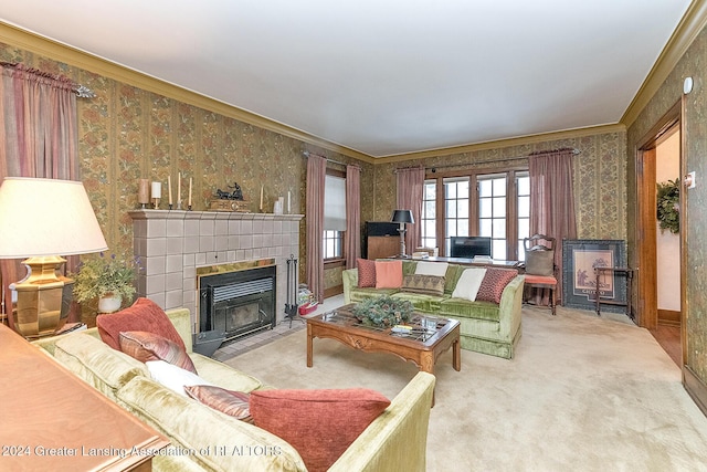 carpeted living room with a tile fireplace and crown molding