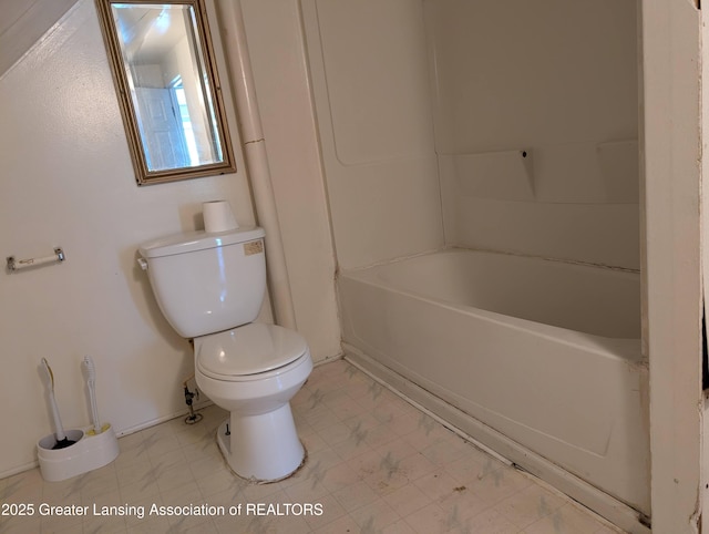 bathroom featuring toilet, a shower, a tub, tile patterned floors, and baseboards