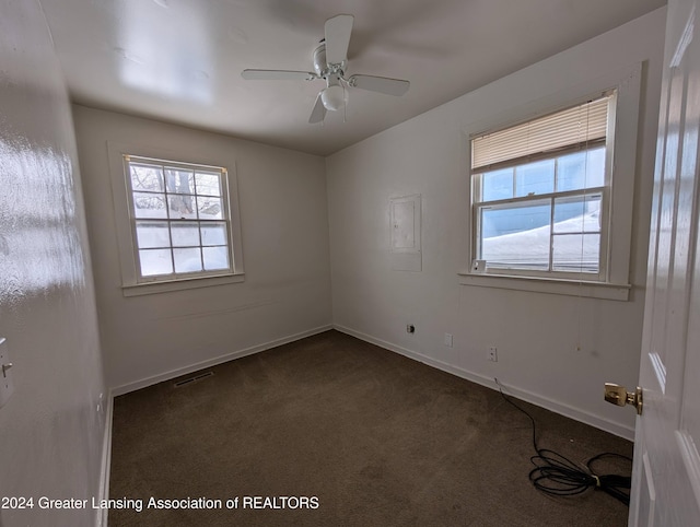 carpeted spare room with ceiling fan