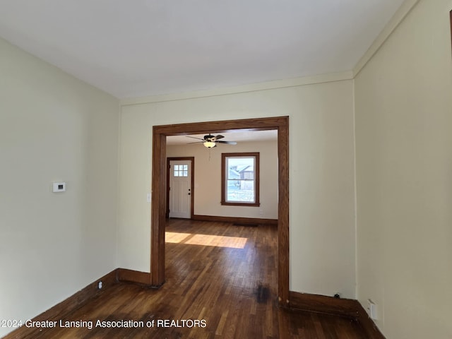 corridor featuring dark wood-type flooring and crown molding