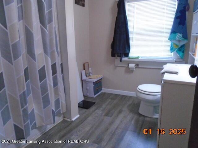 bathroom featuring toilet, a shower with curtain, hardwood / wood-style floors, and vanity