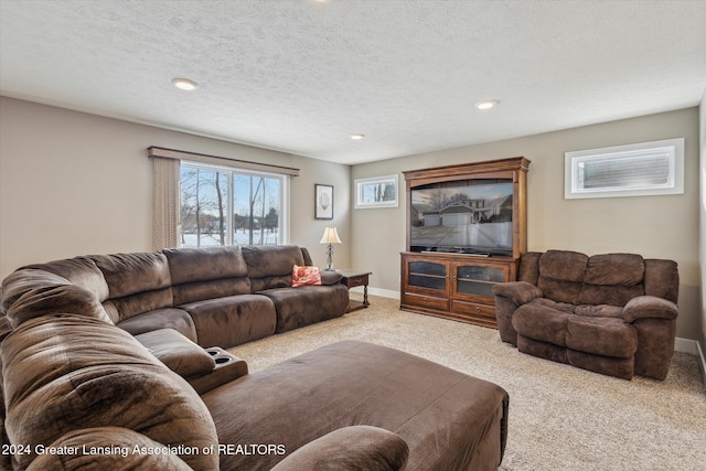 carpeted living room featuring a textured ceiling